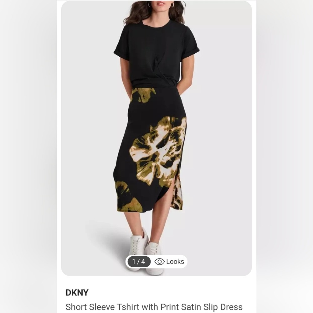 NWOT DKNY‎ Short Sleeve Tshirt Dress w/ Floral Print Satin Slip Skirt  Medium